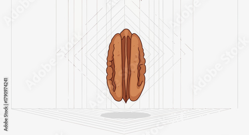 Pecan Nut With Abstract Geometric Lines, Minimalist Autumn Food Illustration