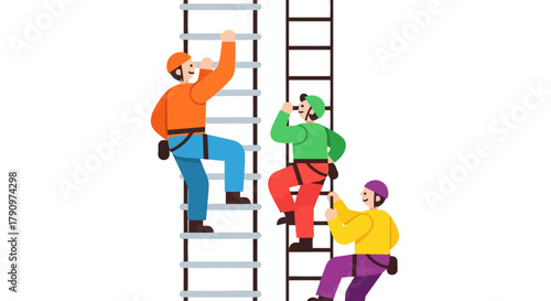 People Ascending Ladders, Representing Challenges, Perseverance, and Teamwork on a black background