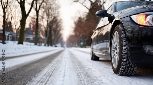 Black car driving on snowy road through a residential area, representing winter travel, safe driving, and vehicle performance in cold weather.