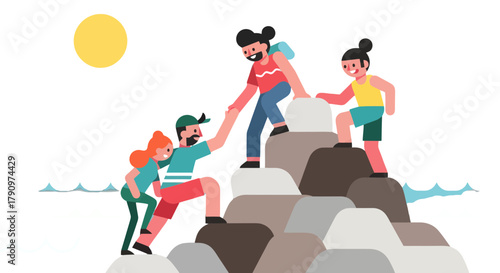 People Climbing Mountains with Teamwork and Help in Silhouette on Black Background