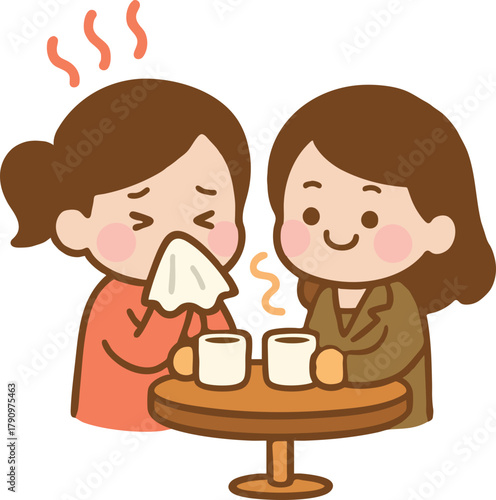 Illustration of Sick Woman Drinking Tea with Friend