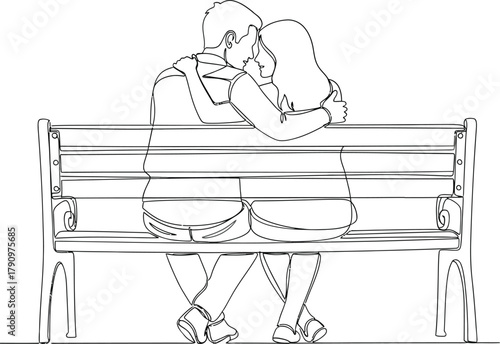 Couple embracing affectionately on a wooden park bench in a romantic sketch