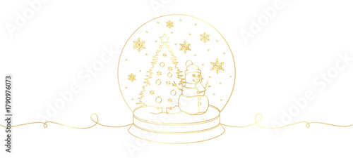 Vector illustration of Christmas tree and snowman in a crystal ball with line art style