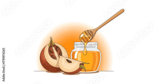 Natural Sweetness Depicted: Honey Dripping From a Spoon Into a Jar and Fruit Slices
