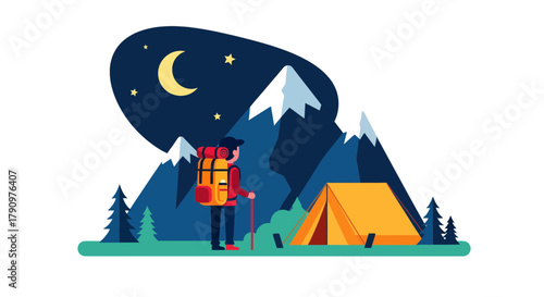 Nighttime Adventure: A Hiker Camping Under The Stars Near Snowy Mountains
