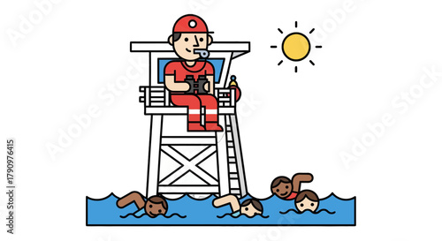 Nighttime Beach Scene Depicting Lifeguard Observing Swimmers Under The Moonlight