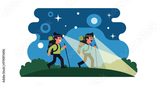 Nighttime Hike: Illustrative Depiction of Two Adventurers Exploring the Wilderness