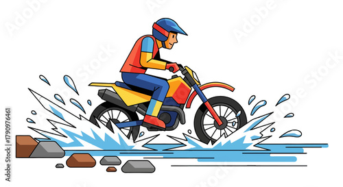 Motorcycle Rider Navigating Water Obstacles in a Vibrant Cartoon Illustration