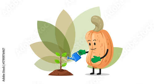 Nurturing Growth: Playful Cashew Character Waters Small Plant for Environmental Harmony