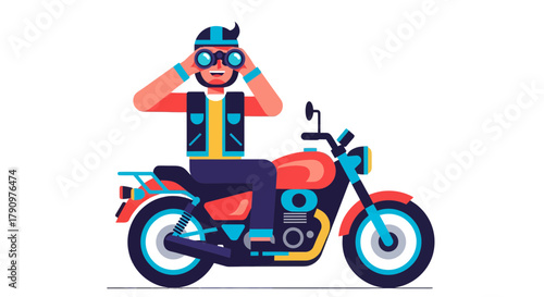 Motorcycle Rider Observes With Binoculars On A Dramatic Black Background