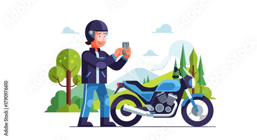 Motorcyclist Takes a Photo of His Bike in a Scenic Landscape During a Sunset Ride