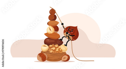 Nutty Climber: A Fun Illustration Depicting a Nut Character Scaling a Nut Stack