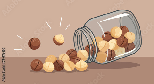 Nuts Spilling From Jar: Creative Illustration of Macadamia Nuts and Healthy Snacking