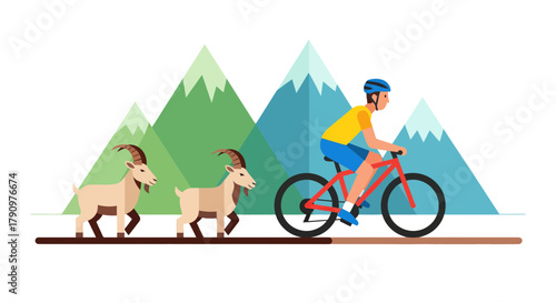 Mountain Biker And Goats in Scenic Landscape with Bold Colors and Modern Art