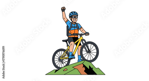 Mountain Biker Celebrating Success On A Mountain With His Bicycle, Joyful Moment