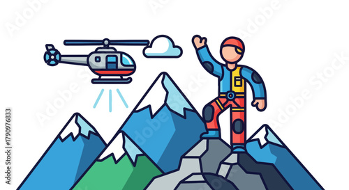 Mountain Climber Celebrates Successful Ascent With Helicopter and Overlooking Peaks