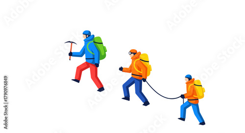 Mountain Climbers Ascending a Peak Depicted Silhouetted Against a Dark Background