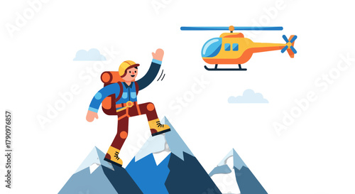 Mountain Climber Waves To Helicopter Rescue After Successful Ascent To Mountain Peak