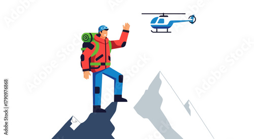 Mountain Climber Seeking Assistance Via Helicopter for Rescue Endeavors and Support