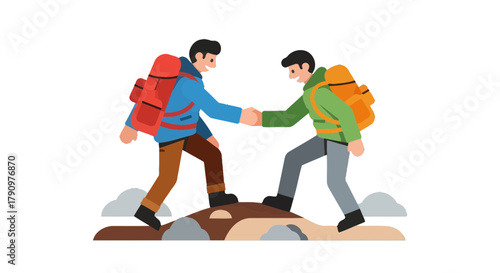 Mountain Climbers Assisting Each Other Reaching The Summit For Success And Teamwork