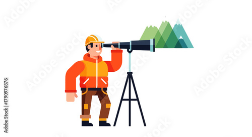 Observing The Mountains Through a Telescope With A Smiling Surveyor On Black Background