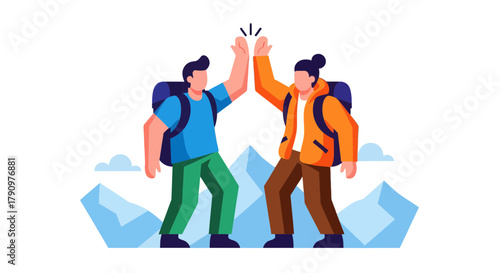 Mountain Climbers Celebrate Success With High Five Against Black Background Depiction