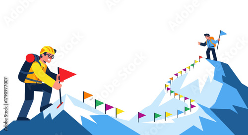 Mountain Climbing Journey Depicting Achievement and Collaboration in Minimalist Style