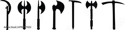 Weapon Icon Set, Axe, Pickaxe, Halberd, Battle Axe, Spear, and War Tool Symbol Collection and Group, Ancient and Modern Blade, Metal Armory, and Combat Equipment Vector in Black Color Flat Style