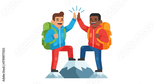 Mountain Climbing Success Achieved By Two Happy Hikers with Backpacks and High Five