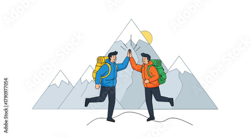 Mountain Climbing Success Celebrated By Two Adventurous Individuals Reaching Top