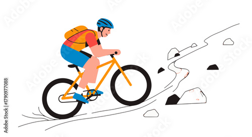 Mountain Cyclist Ascending a Rocky Terrain Under A Dark, Dramatic Setting