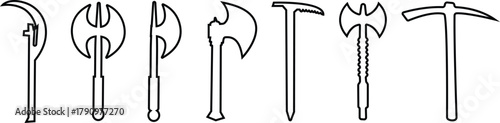 Weapon Icon Set, Axe, Pickaxe, Halberd, Battle Axe, Spear, and War Tool Symbol Collection and Group, Ancient and Modern Blade, Metal Armory, and Combat Equipment Vector in Black Color Line Style