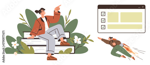Woman sitting on books pointing upward, checklist in browser window, person launching with rocket action. Ideal for productivity, planning, creativity, learning, goal-setting, brainstorming