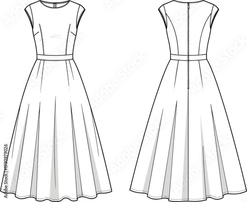 Fashion illustration, technical sketch, full-length dress, sleeveless bodice, flared skirt, princess seams, sewing pattern, garment design, couture drawing, apparel template