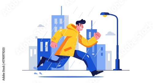 Man Running During Rainfall In City, Illustration Of Urban Life And Weather Conditions
