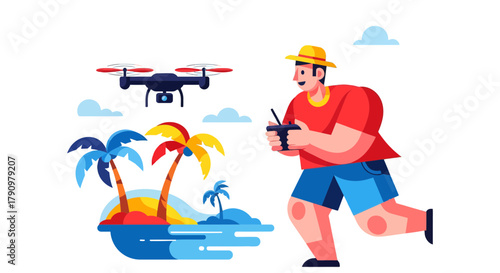 Man Remote Controll Drone over Exotic Island Paradise on Sunny Vacation Adventure