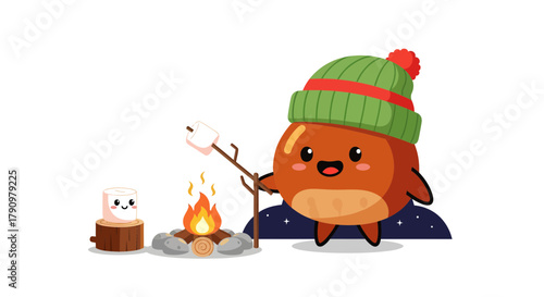 Marshmallow Roasting Adventure: A Charming Cartoon Character Enjoying Fireside Delights