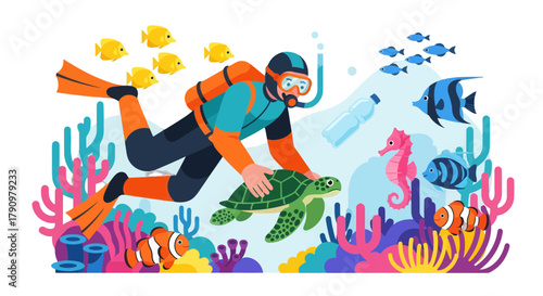 Marine Conservation Advocate: Diver Caring for Wildlife Amidst Underwater Plastic Pollution