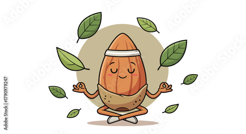 Meditating Almond Character With Green Leaves: A Wellness Illustration for Any Project
