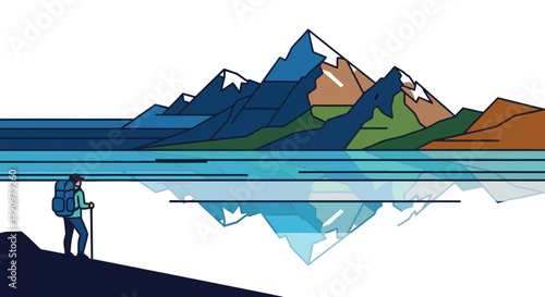 Minimalist Design Depicts a Hiker Contemplating a Mountainous Landscape Reflection View