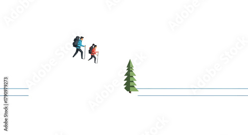 Minimalist Hikers Traverse Wilderness Landscape Under Starlit Night, Conceptual Illustration