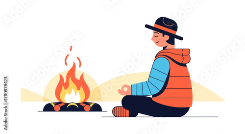 Meditating Seclusion: A Serene Scene Of Campfire Contemplation In The Wilderness