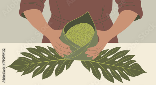 Minimalist Illustration of a Person Presenting Food Wrapped in Leaf
