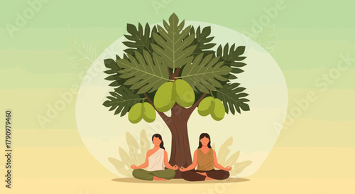 Meditating Under A Papaya Tree: A Peaceful Scene Of Inner Harmony And Mindfulness