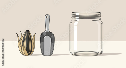 Minimalist Illustration Of Sunflower Seed, Scoop, And Glass Jar On Neutral Backdrop