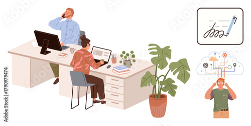 Team working at desks with laptops, discussing tasks. Digital cloud with connections, signature graphic, plant element. Ideal for teamwork, technology, innovation, productivity creativity