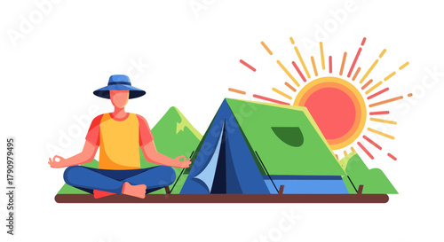 Meditative Camper in Nature: Serene Camping Scene Featuring Peaceful Meditation