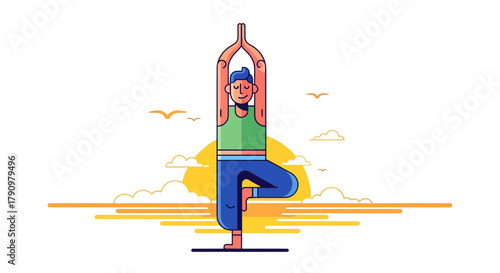 Minimalist Illustration of Yoga Practitioner in a Tree Pose with Sunrise Background