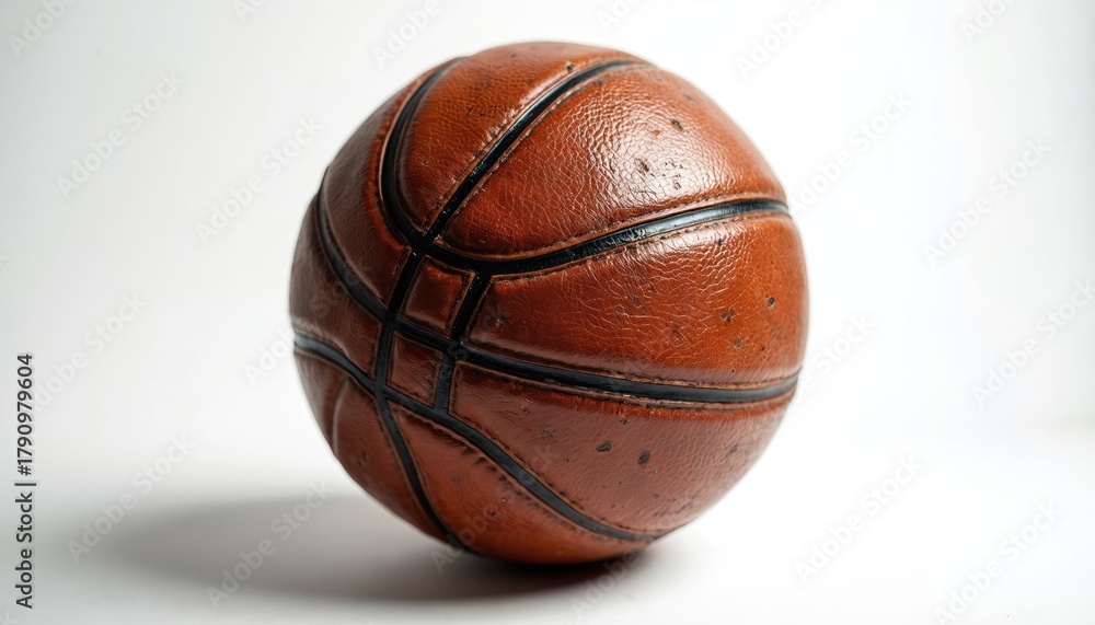 Fototapeta premium Worn vintage leather basketball rests alone on a clean white surface. The textured brown ball with black seams shows signs of past games and athletic use.