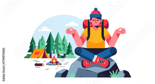 Meditative Hiker Reaching Inner Peace, Sitting In Nature, Enjoying Serene Camping Experience